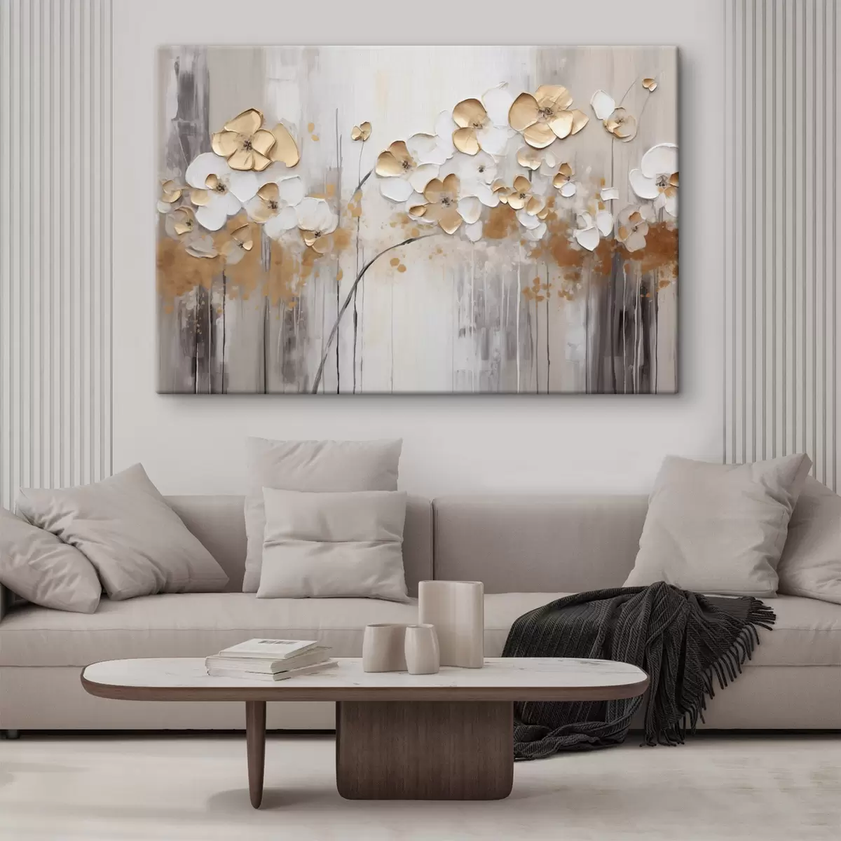 Wandbilder Blumen mit strukturierten Blütenblättern auf einem weichen, gedämpften Hintergrund mit abstrakten Farbspritzern und vertikalen Linien s42713