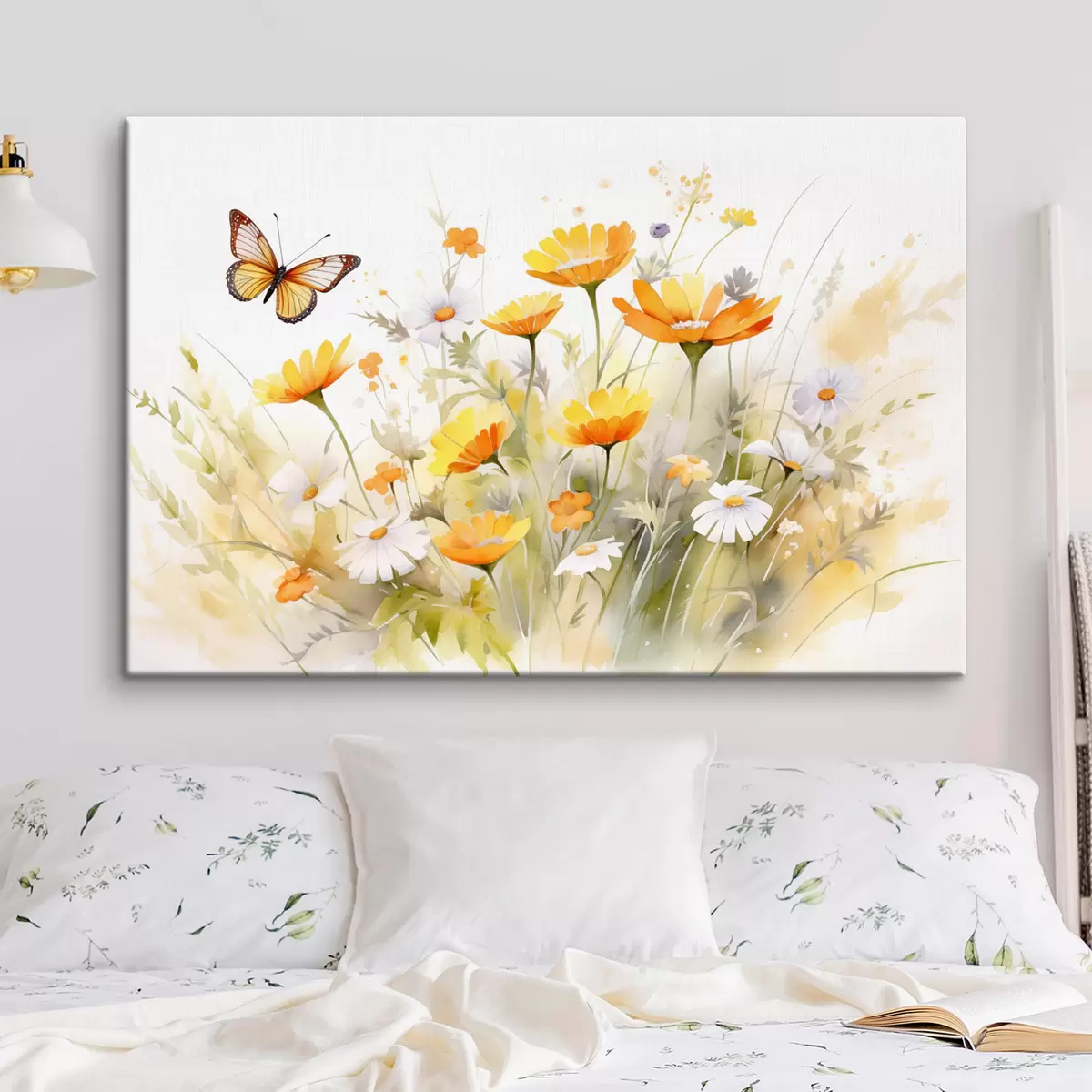 Wandbilder Ein leuchtendes, aquarellartiges Blumenfeld mit orangefarbenen und weißen Gänseblümchen, in dessen Nähe ein Schmetterling flattert s42714