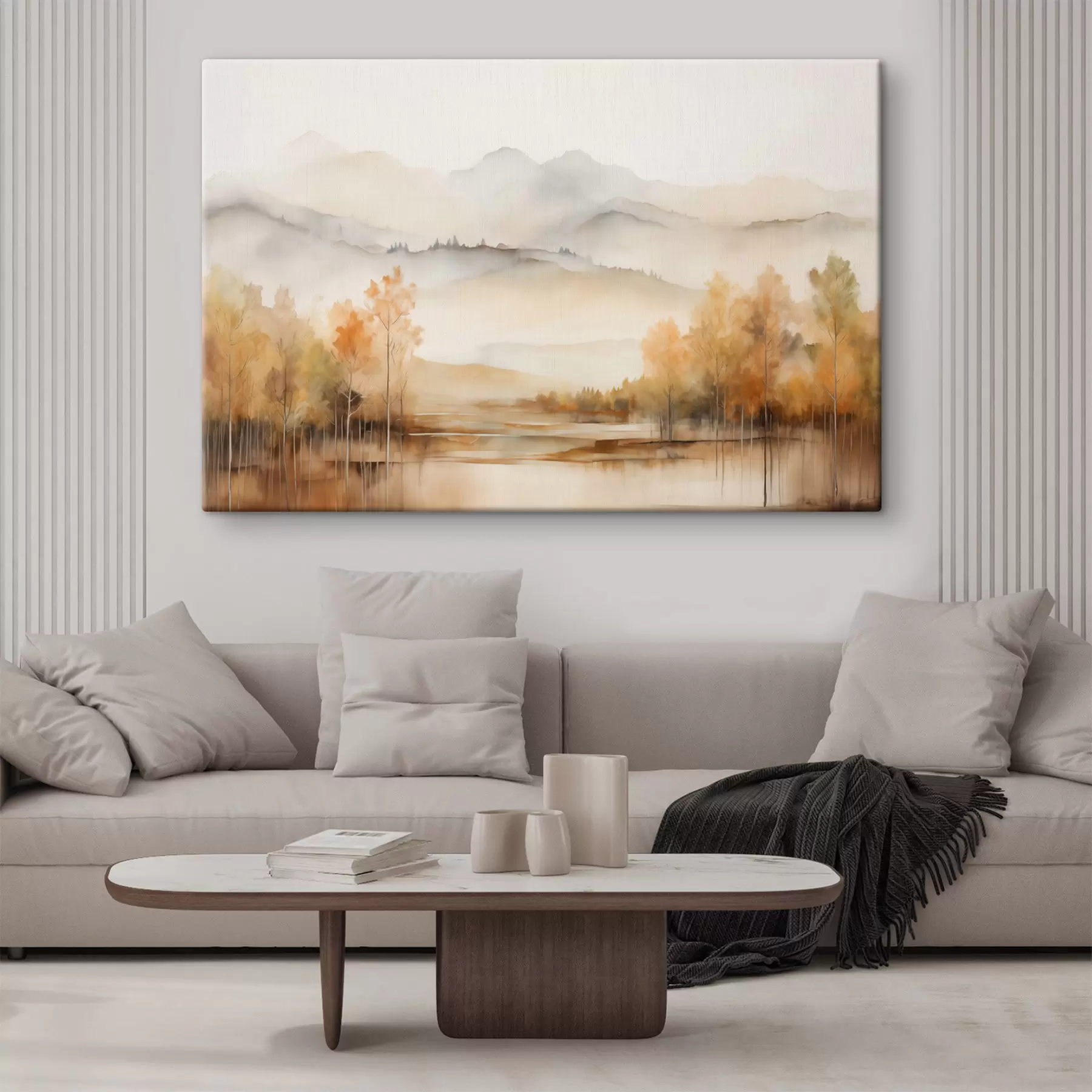 Fototapete Landschaft mit sanften Bergen, einem ruhigen See, in dem sich die Szenerie spiegelt, und Bäumen mit orangefarbenem Laub s42716