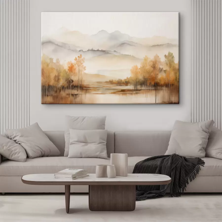 Wandbilder Landschaft mit sanften Bergen, einem ruhigen See, in dem sich die Szenerie spiegelt, und Bäumen mit orangefarbenem Laub s42716