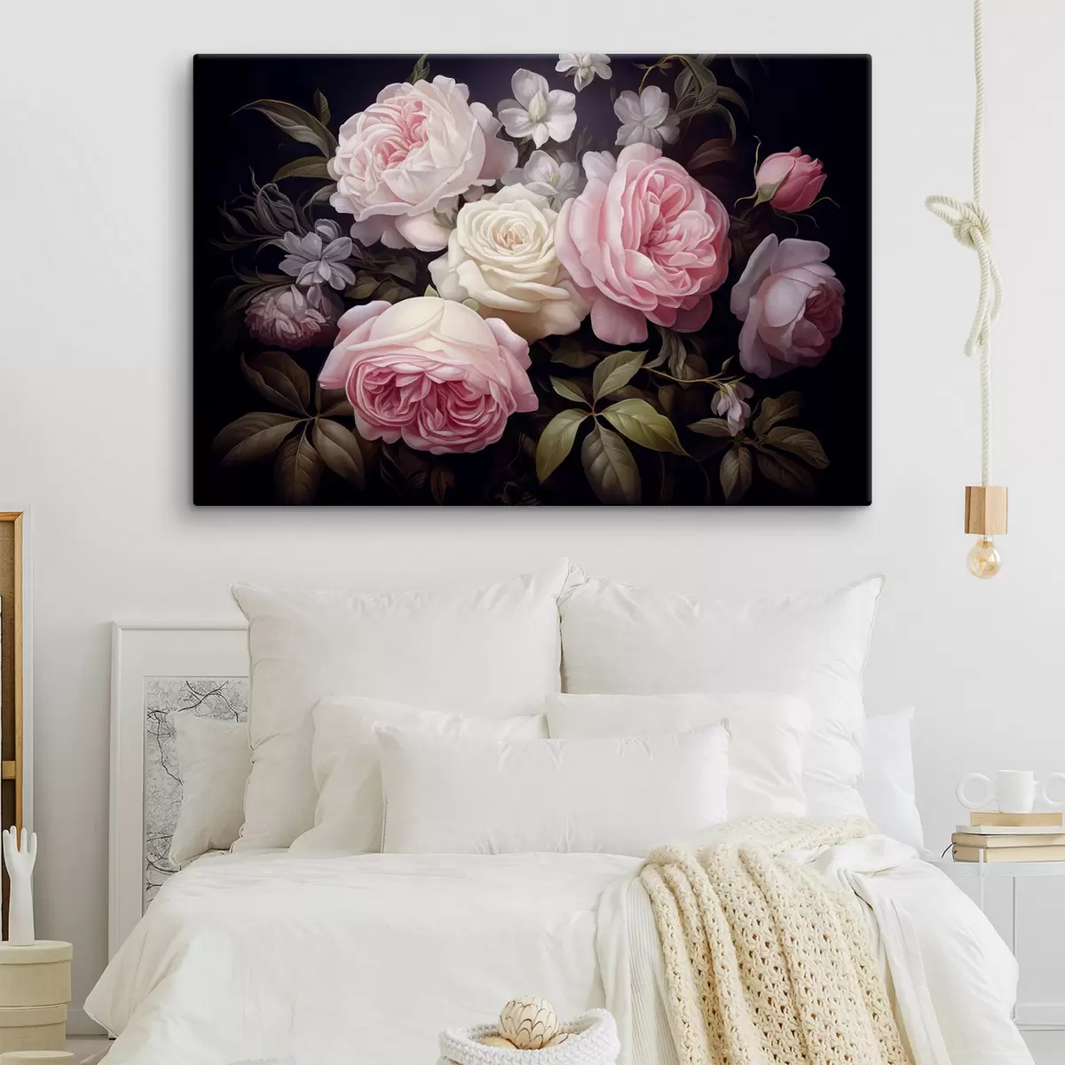 Wandbilder Rosa und weiße Rosen, arrangiert mit zarten weißen Blüten und grünen Blättern vor einem dunklen Hintergrund s42721