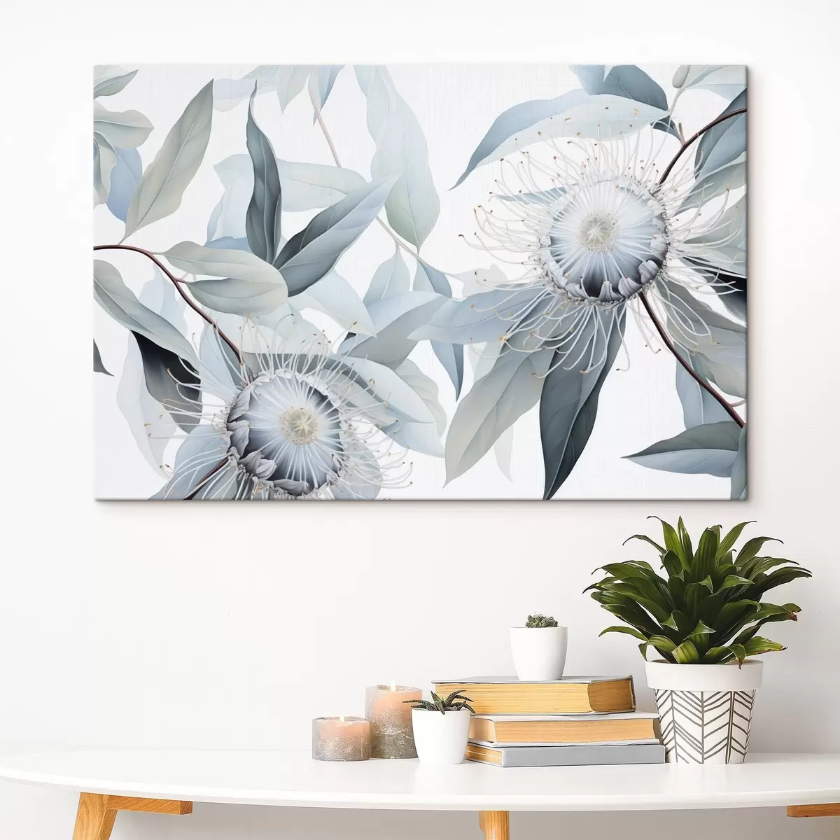 Wandbilder Detaillierte botanische Illustration von Eukaliptusblüten mit weißen Staubfäden, umgeben von zarten, hellgrünen Blättern s42725