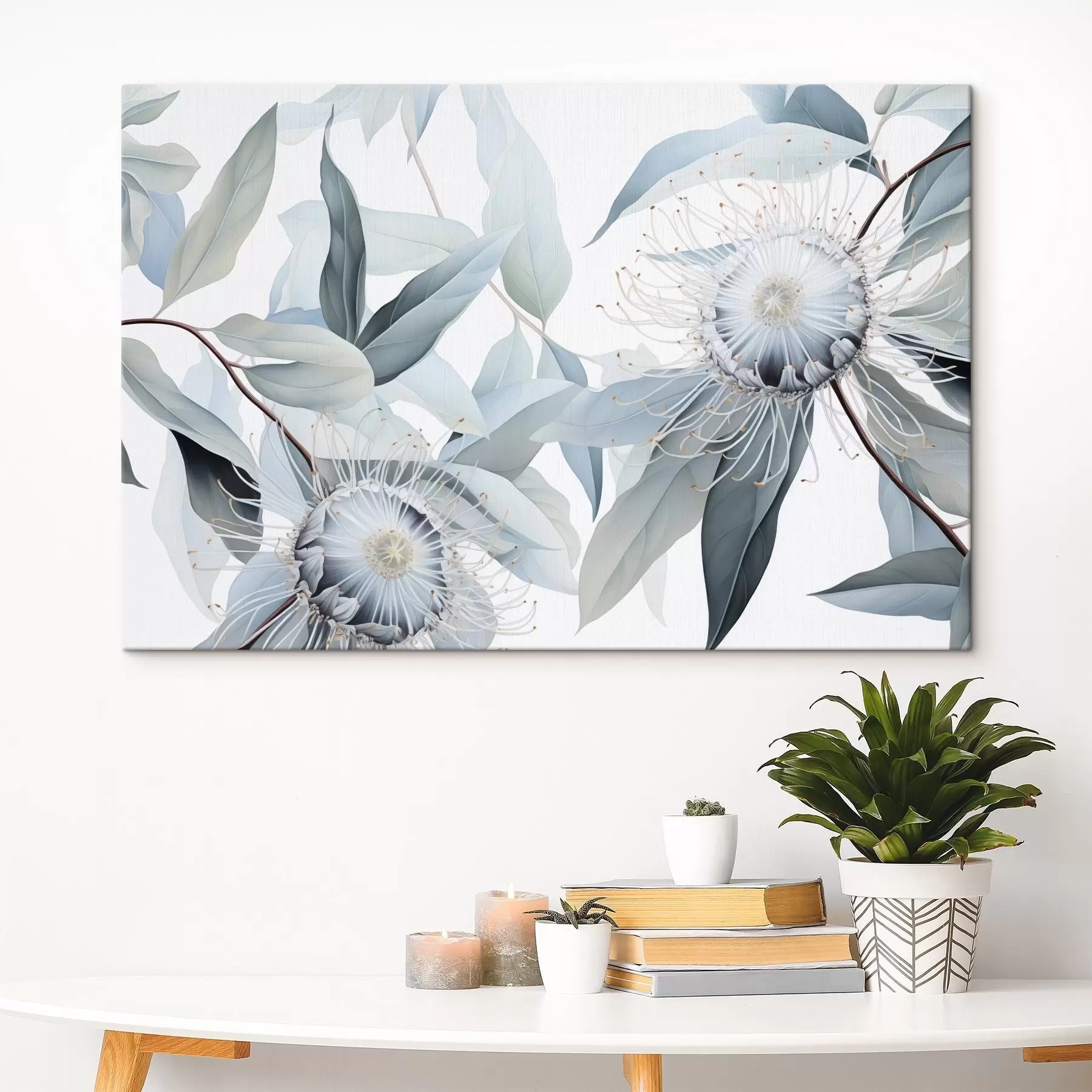 Wandbilder Detaillierte botanische Illustration von Eukaliptusblüten mit weißen Staubfäden, umgeben von zarten, hellgrünen Blättern s42725