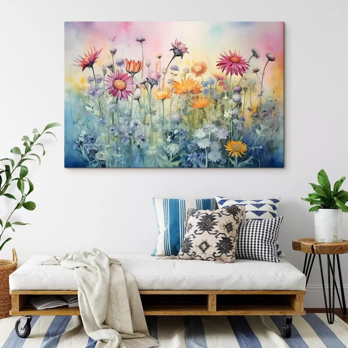 Wandbilder Ein lebhaftes Feld hoher und üppiger Wildblumen vor einem weichen, pastellfarbenen, aquarellartigen Hintergrund s42726