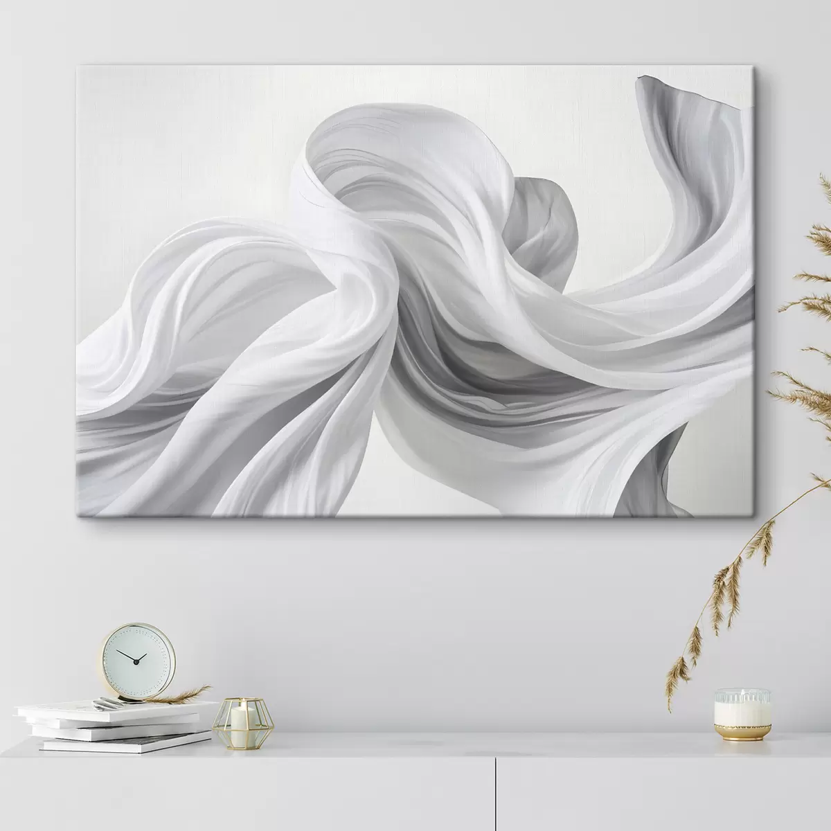 Wandbilder Fließende weiße und graue stoffähnliche Formen, die sich vor einem hellen Hintergrund wirbelnd und ineinander verschlungen präsentieren s42732