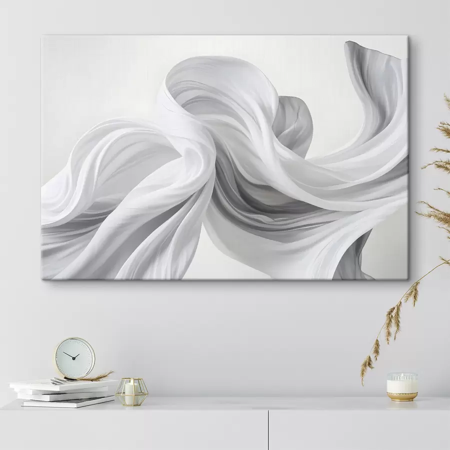 Wandbilder Fließende weiße und graue stoffähnliche Formen, die sich vor einem hellen Hintergrund wirbelnd und ineinander verschlungen präsentieren s42732