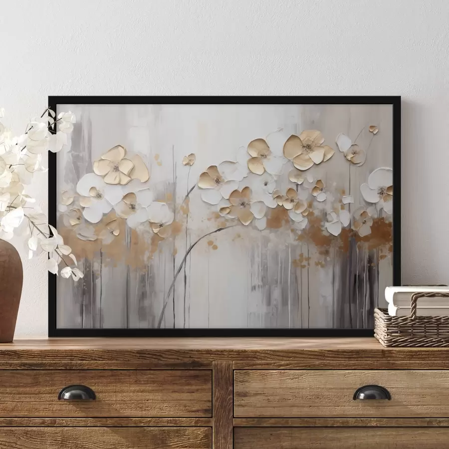 Fototapete Blumen mit strukturierten Blütenblättern auf einem weichen, gedämpften Hintergrund mit abstrakten Farbspritzern und vertikalen Linien f42713