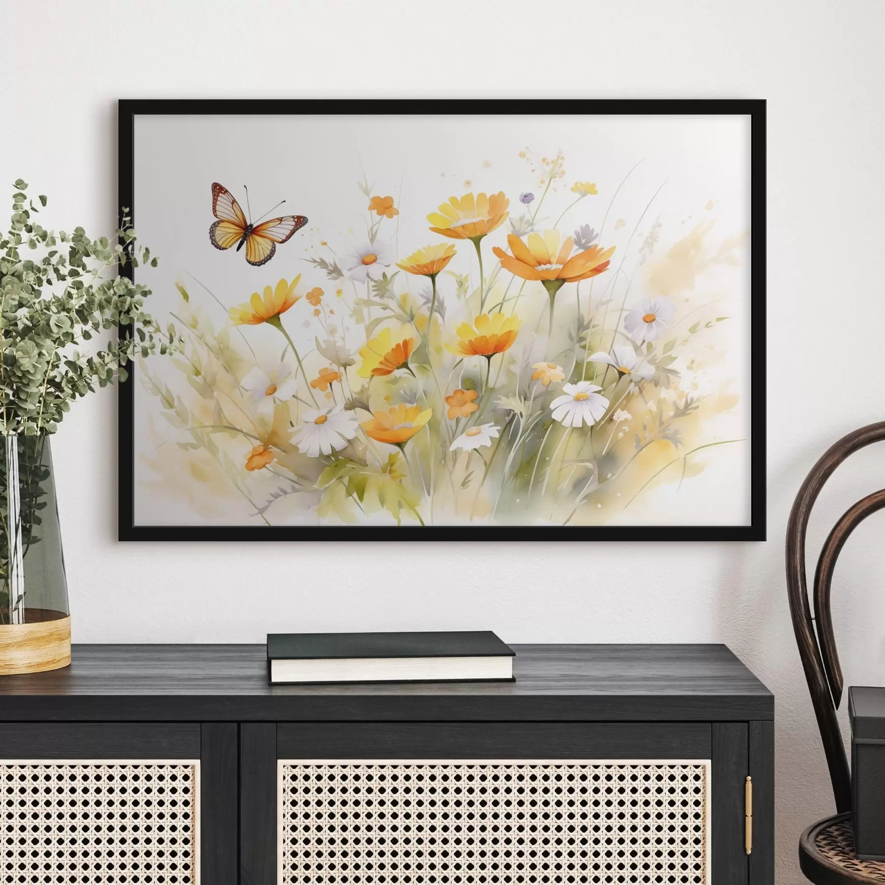 Fototapete Ein leuchtendes, aquarellartiges Blumenfeld mit orangefarbenen und weißen Gänseblümchen, in dessen Nähe ein Schmetterling flattert f42714