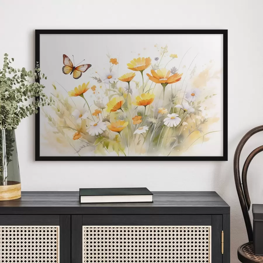 Fototapete Ein leuchtendes, aquarellartiges Blumenfeld mit orangefarbenen und weißen Gänseblümchen, in dessen Nähe ein Schmetterling flattert f42714