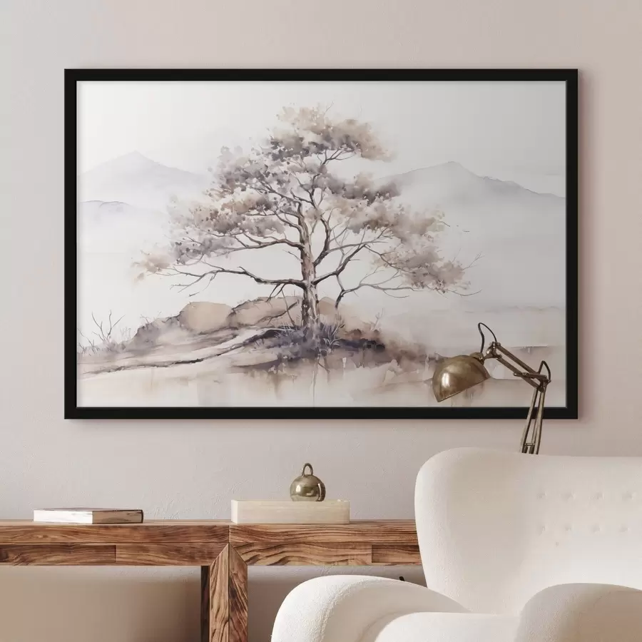 Fototapete Ein einsamer Baum mit verdrehtem Stamm und spärlichen Ästen vor einem sanften, gedämpften Hintergrund aus Bergen f42715