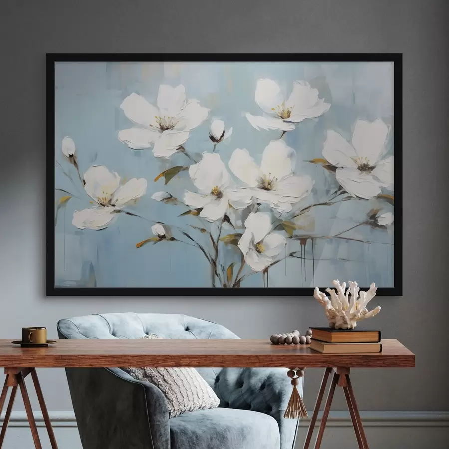 Fototapete Weiße Blumen mit zarten Blütenblättern und grünen Blättern vor einem hellblauen Hintergrund Ölgemälde Nachahmung f42719