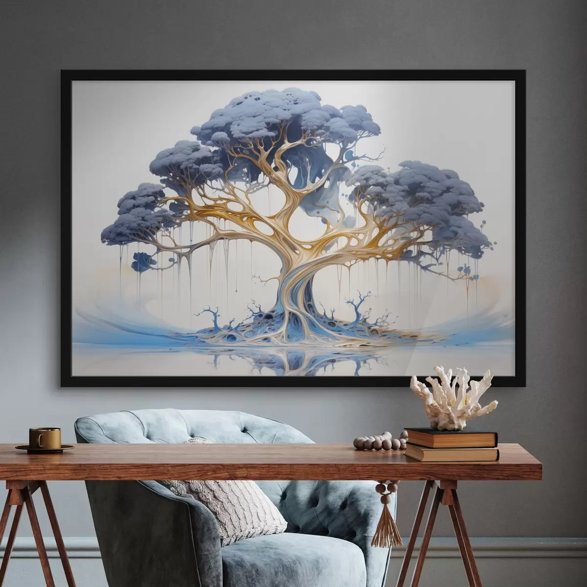 Poster Ein stilisierter Baum mit verschlungenen Ästen und Blättern in einer Mischung aus blauen und gelben Farbtönen f42722