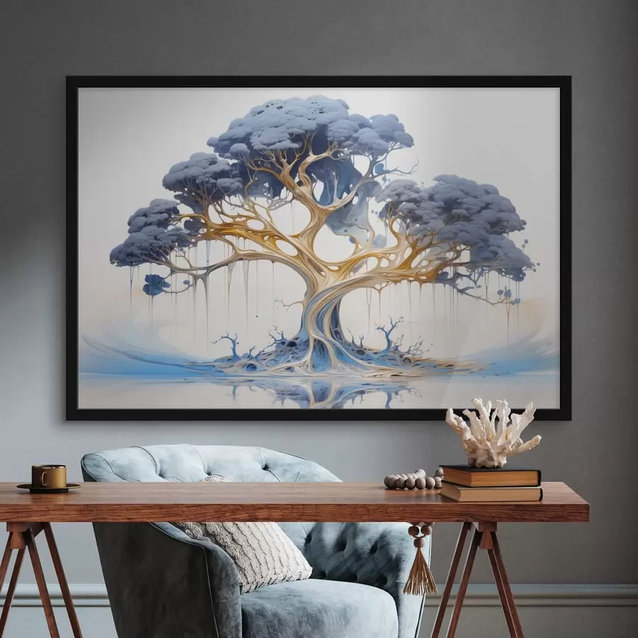 Fototapete Ein stilisierter Baum mit verschlungenen Ästen und Blättern in einer Mischung aus blauen und gelben Farbtönen f42722