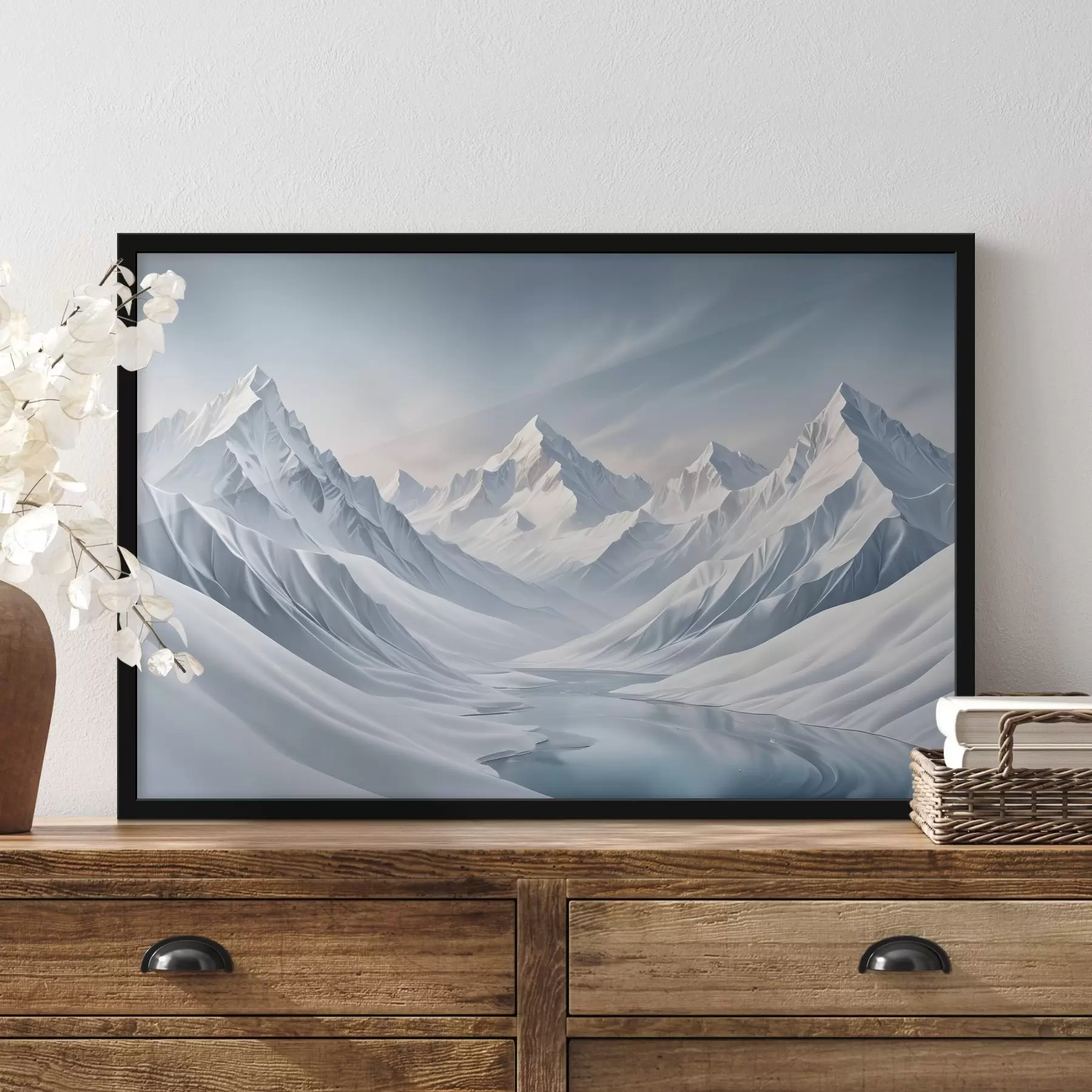 Wandbilder Schneebedeckte Berge mit scharfen Gipfeln und einem sanft abfallenden Himmel, der von blass zu hellblau übergeht f42724