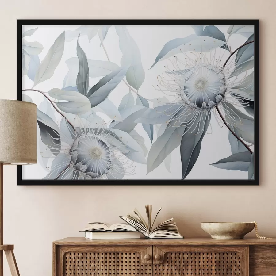 Fototapete Detaillierte botanische Illustration von Eukaliptusblüten mit weißen Staubfäden, umgeben von zarten, hellgrünen Blättern f42725