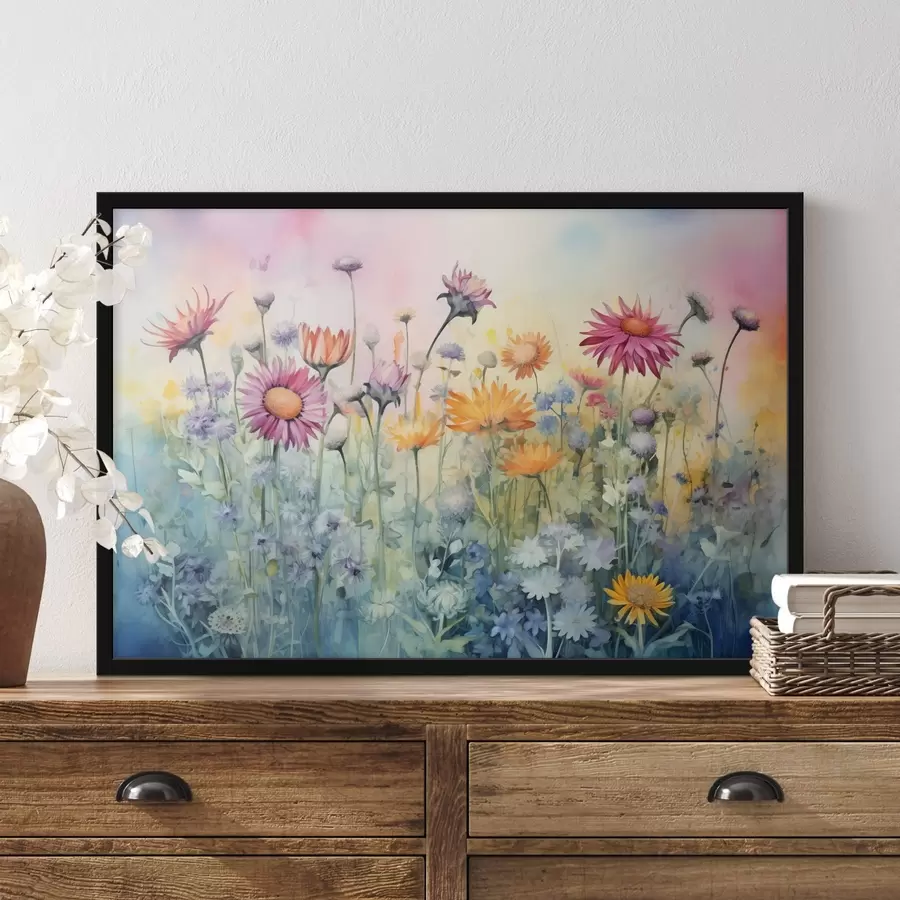 Fototapete Ein lebhaftes Feld hoher und üppiger Wildblumen vor einem weichen, pastellfarbenen, aquarellartigen Hintergrund f42726