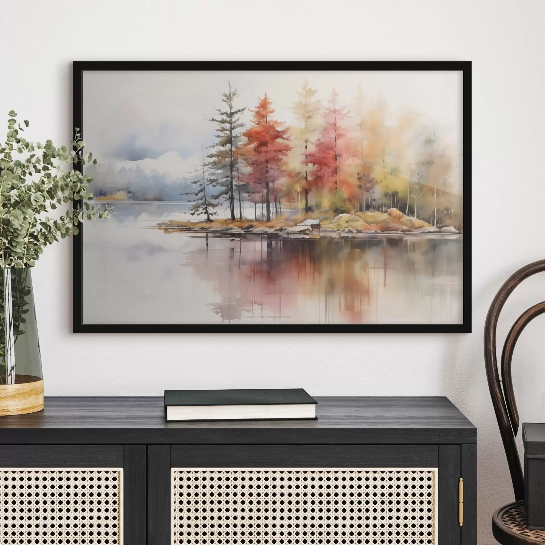 Fototapete Aquarellartige Landschaft mit einem See, umgeben von Bäumen in leuchtenden Herbstfarben f42727