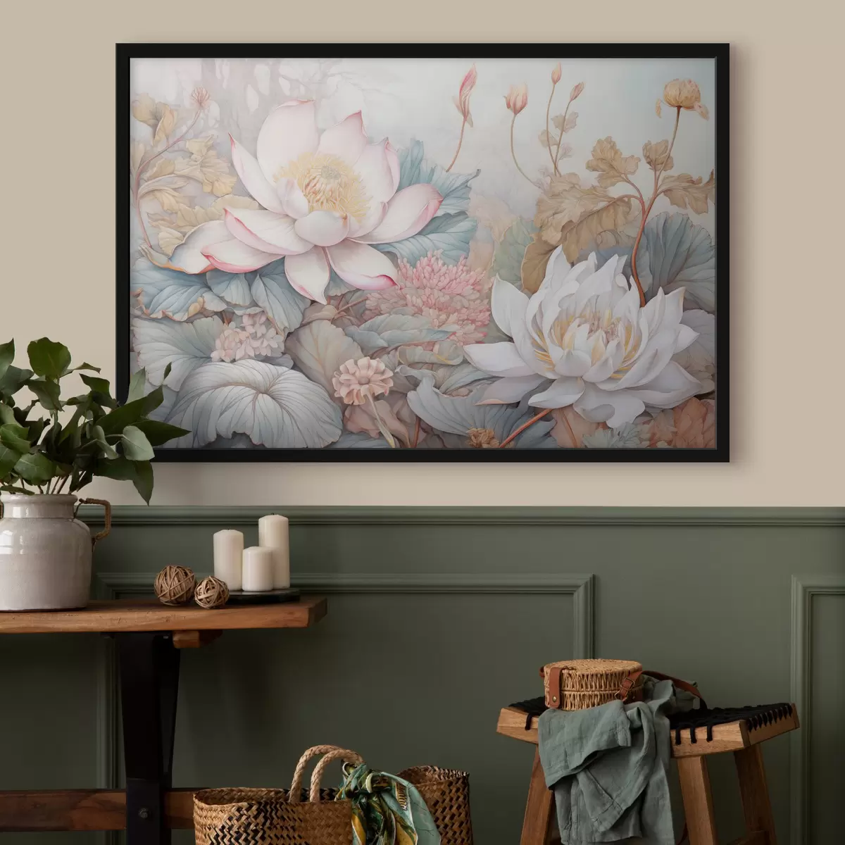 Poster Große, blühende Lotosblüten in zarten Rosa- und Weißtönen, umgeben von grünen Blättern und zartrosa Laub f42729