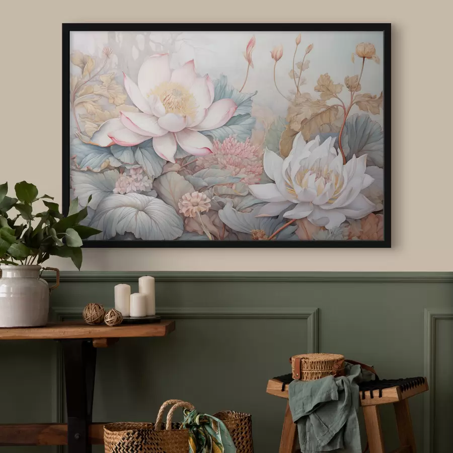 Fototapete Große, blühende Lotosblüten in zarten Rosa- und Weißtönen, umgeben von grünen Blättern und zartrosa Laub f42729