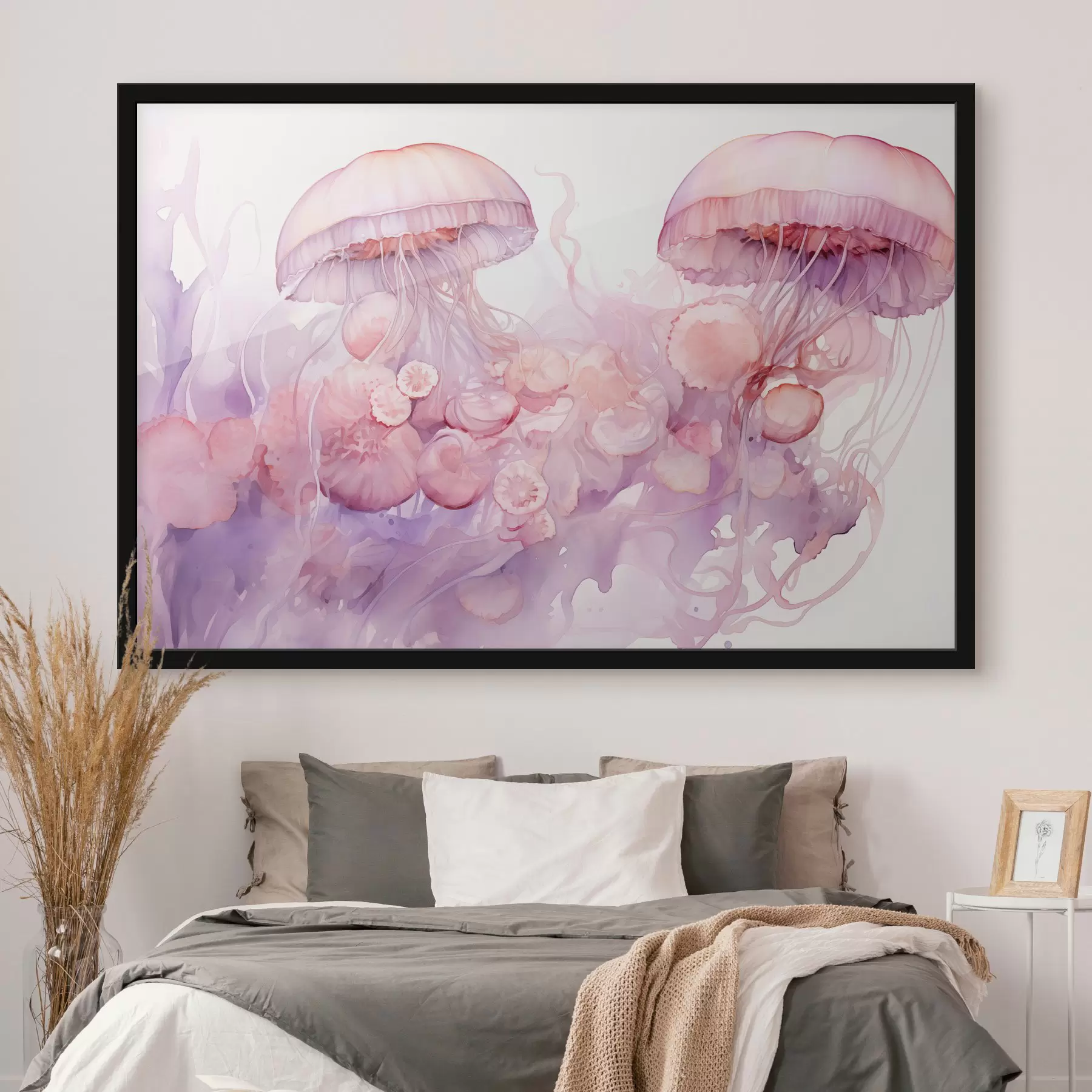 Wandbilder Rosa Quallen, die in einem Strudel aus zarten rosa und lila Tönen schwimmen, umgeben von abstrakten Formen f42730