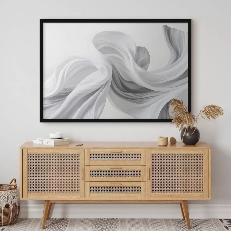 Fototapete Fließende weiße und graue stoffähnliche Formen, die sich vor einem hellen Hintergrund wirbelnd und ineinander verschlungen präsentieren f42732