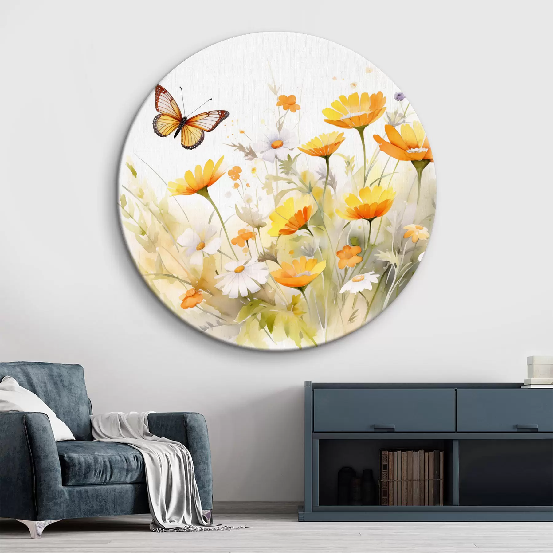 Wandbilder Ein leuchtendes, aquarellartiges Blumenfeld mit orangefarbenen und weißen Gänseblümchen, in dessen Nähe ein Schmetterling flattert r42714