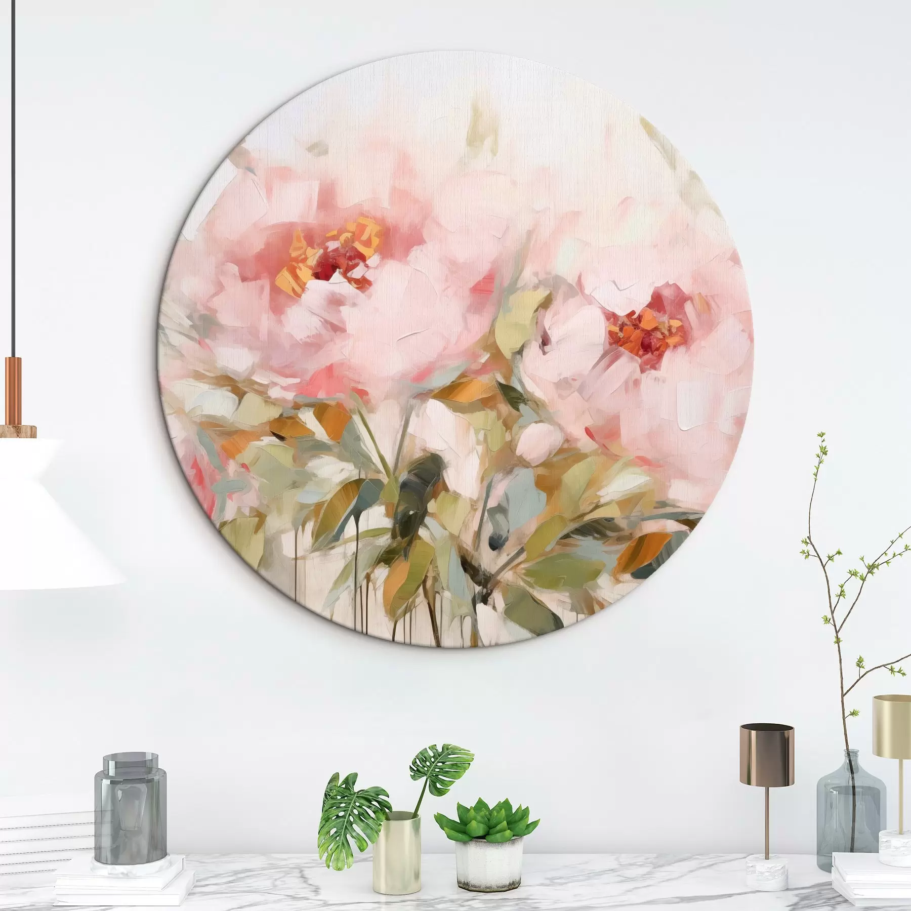 Wandbilder Ölgemälde Nachahmung von großen rosa Pfingstrosen mit weichen Blütenblättern und gelben Zentren, umgeben von grünen Blättern r42720