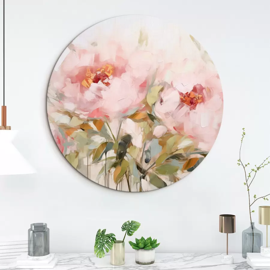 Wandbilder Ölgemälde Nachahmung von großen rosa Pfingstrosen mit weichen Blütenblättern und gelben Zentren, umgeben von grünen Blättern r42720