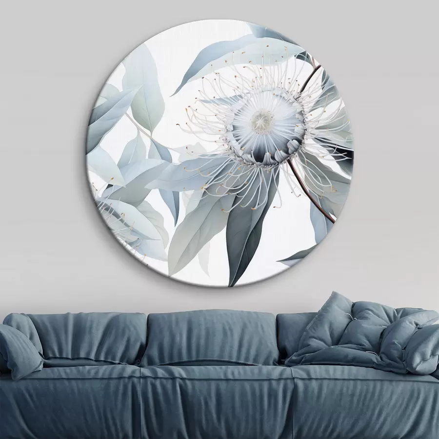 Wandbilder Detaillierte botanische Illustration von Eukaliptusblüten mit weißen Staubfäden, umgeben von zarten, hellgrünen Blättern r42725