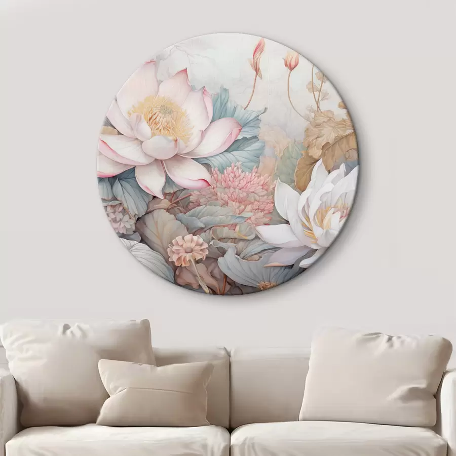 Wandbilder Große, blühende Lotosblüten in zarten Rosa- und Weißtönen, umgeben von grünen Blättern und zartrosa Laub r42729