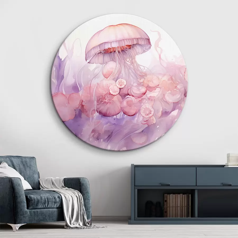 Wandbilder Rosa Quallen, die in einem Strudel aus zarten rosa und lila Tönen schwimmen, umgeben von abstrakten Formen r42730