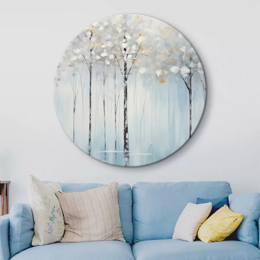 Wandbilder Hohe, schlanke Bäume mit blauen Blättern und einem Hauch von Gelb auf einem weichen blauen Hintergrund, Ölgemälde-Imitation r42731