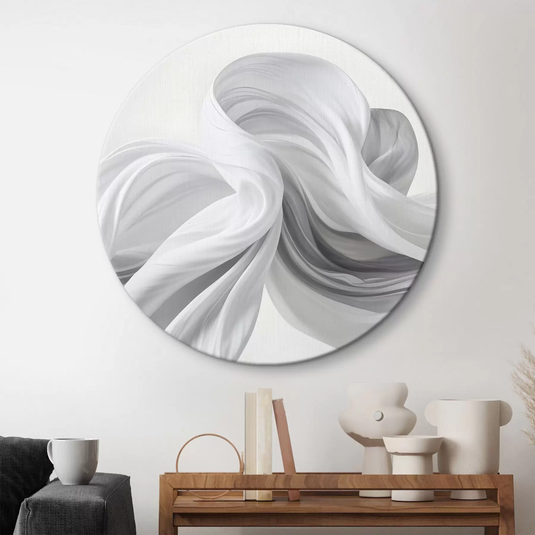 Wandbilder Fließende weiße und graue stoffähnliche Formen, die sich vor einem hellen Hintergrund wirbelnd und ineinander verschlungen präsentieren r42732