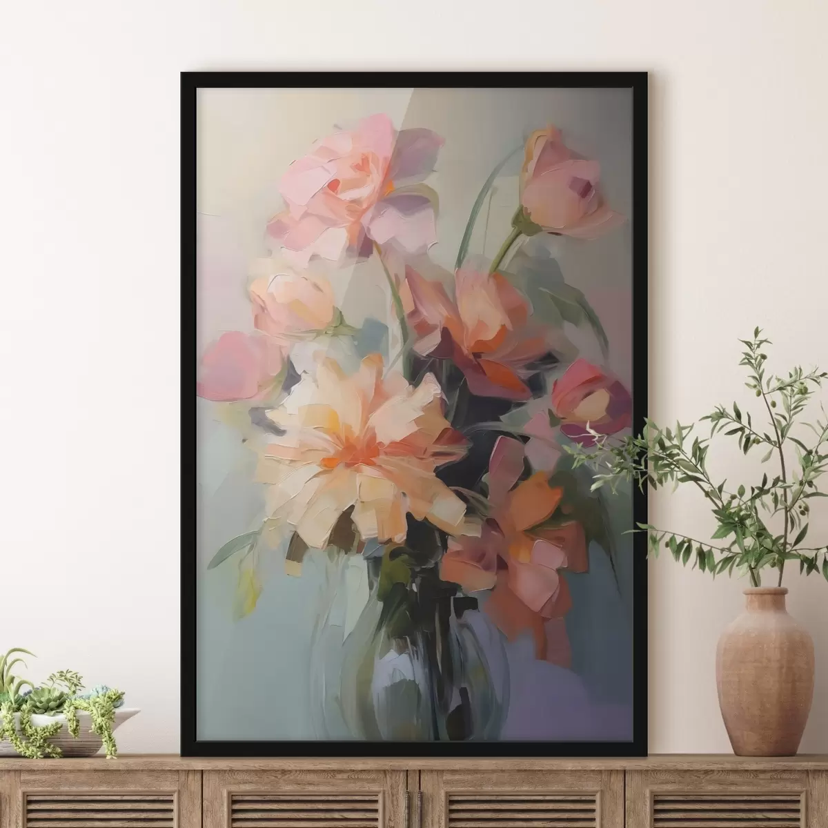 Poster Chrysanthemen in einer Vase Nachahmung der Malerei Striche f42745