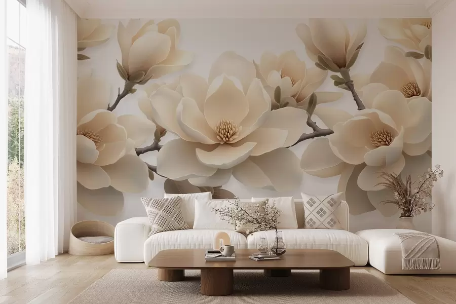 Fototapete Beige blühende Magnolienblüten in einem cremefarbenen Ton auf weißem Hintergrund w08692