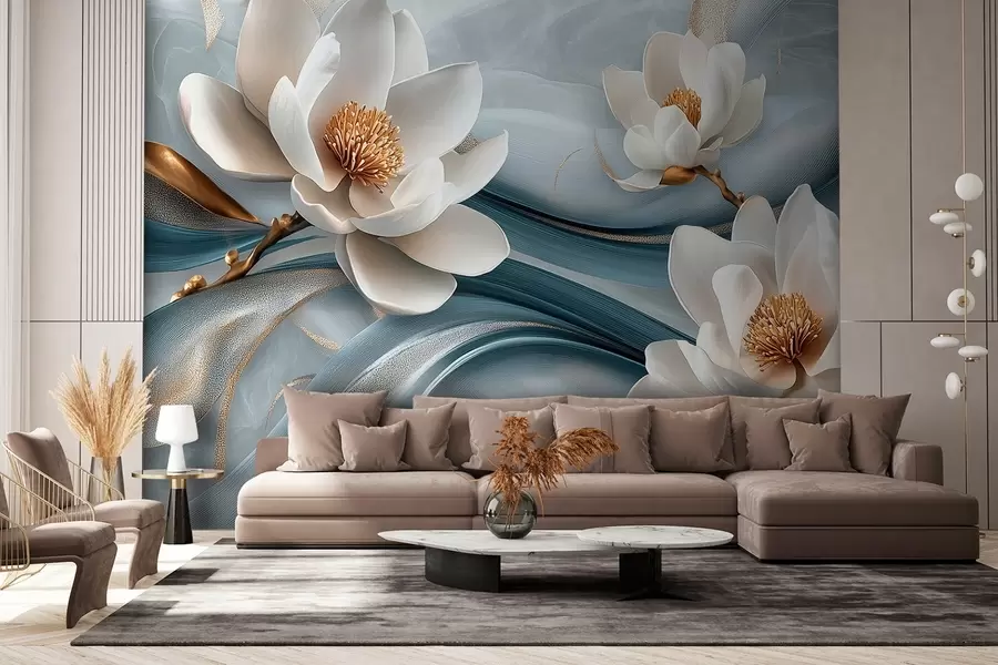 Fototapete Magnolienblüten kombiniert mit Blau-, Weiß- und Gelbtönen mit abstrakten Wellen w08695