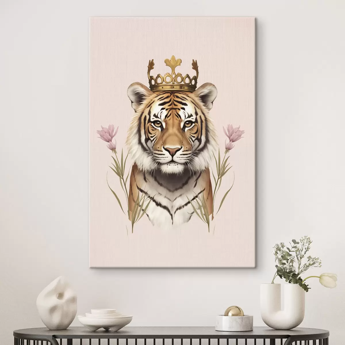 Wandbilder Tiger mit Krone, rosa Hintergrund, Tulpenblüten s42782
