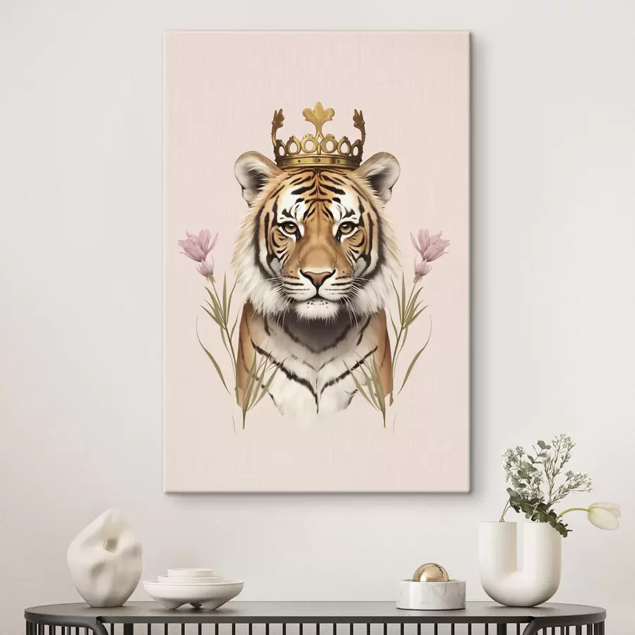 Wandbilder Tiger mit Krone, rosa Hintergrund, Tulpenblüten s42782