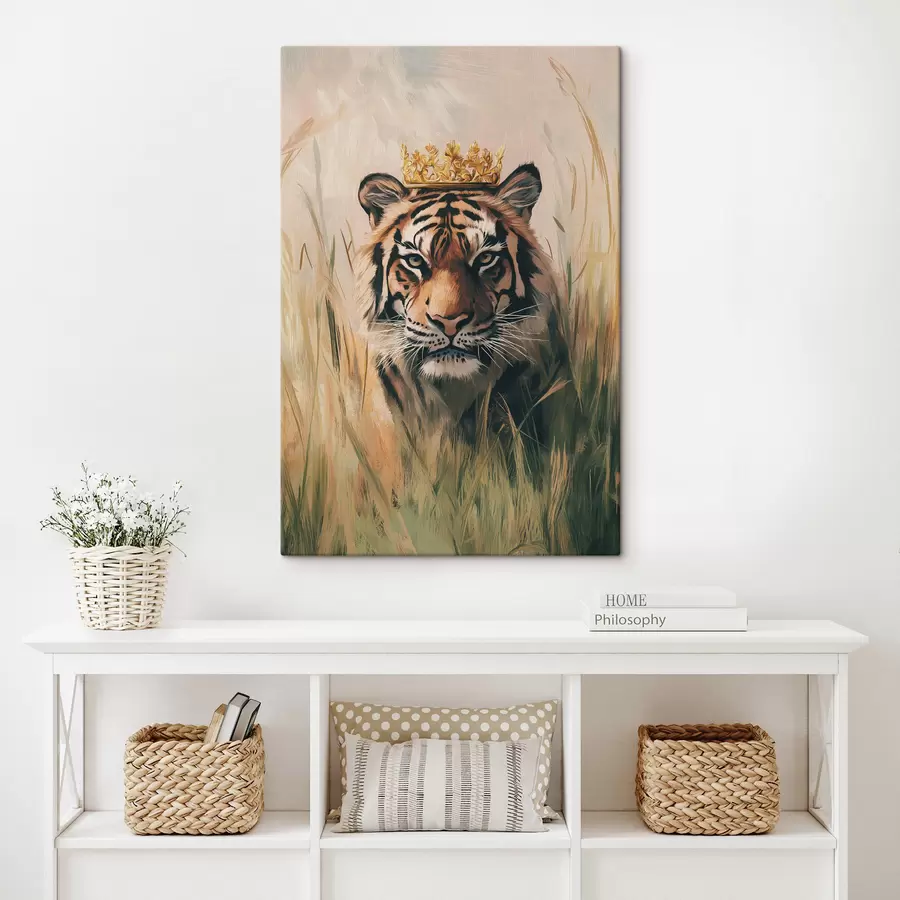 Wandbilder Tiger auf einer Wiese mit Gras, Krone, Acrylzeichnung s42783