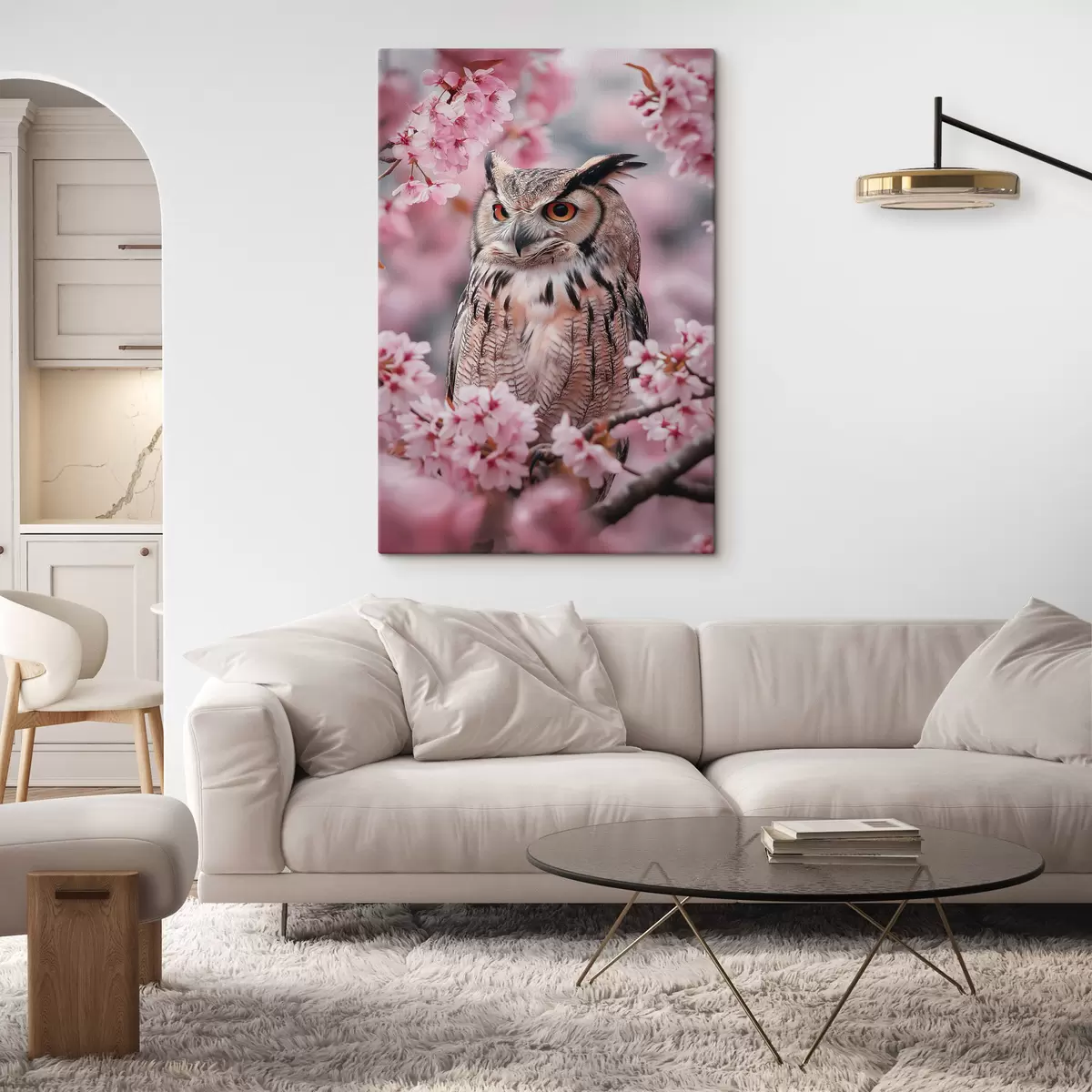 Wandbilder Schöne Eule auf dem Zweig eines Kirschbaums, Natur, Realismus s42784