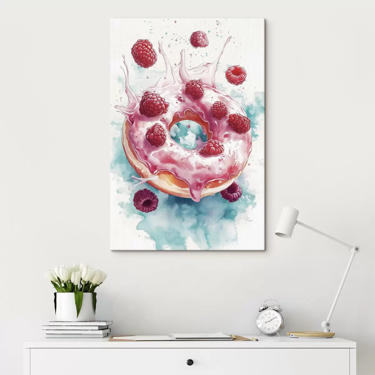 Wandbilder Aquarell Donat mit Himbeeren, rosa und blauen Farben s42787