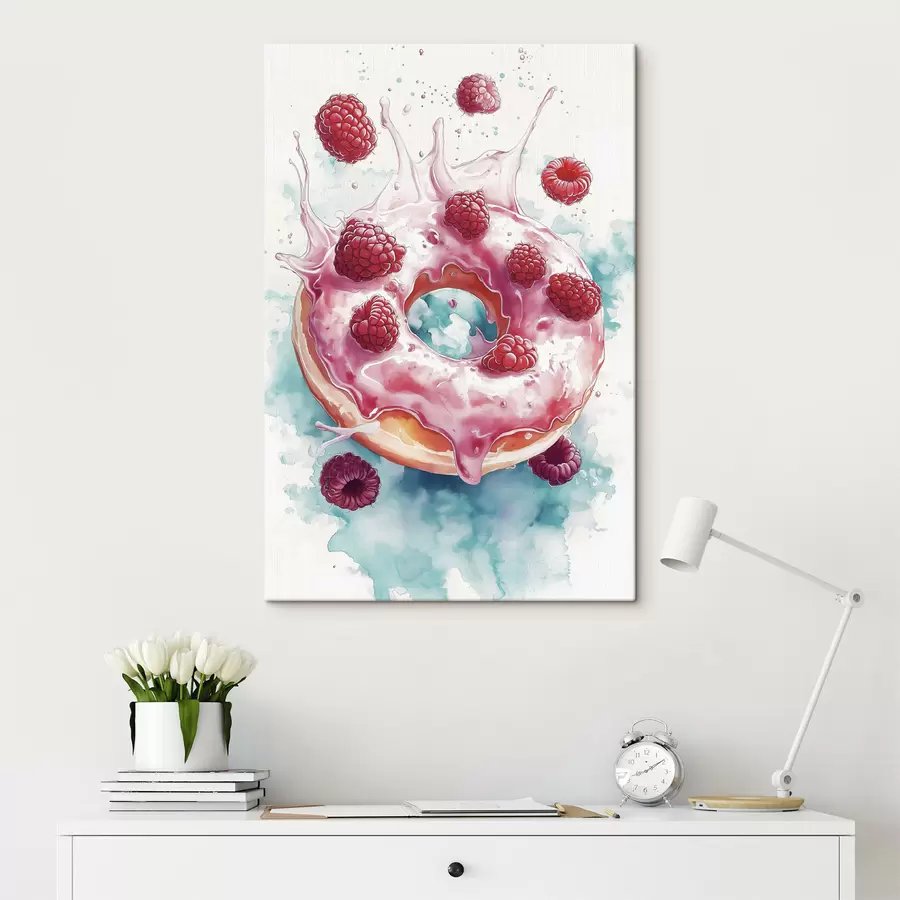 Wandbilder Aquarell Donat mit Himbeeren, rosa und blauen Farben s42787