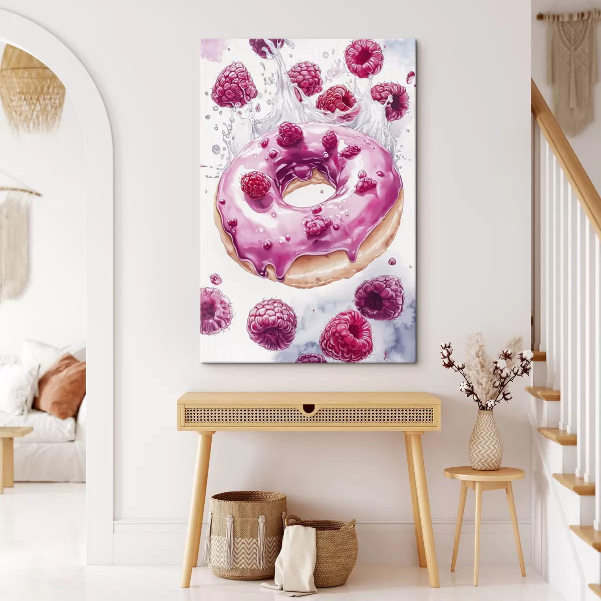 Wandbilder Donat mit Himbeeren mit rosa Glasur, köstliches Dessert, Aquarellstil s42789
