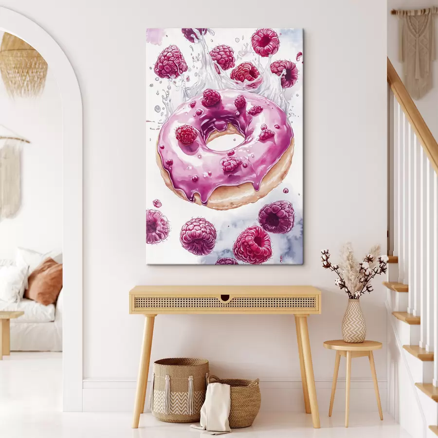 Wandbilder Donat mit Himbeeren mit rosa Glasur, köstliches Dessert, Aquarellstil s42789