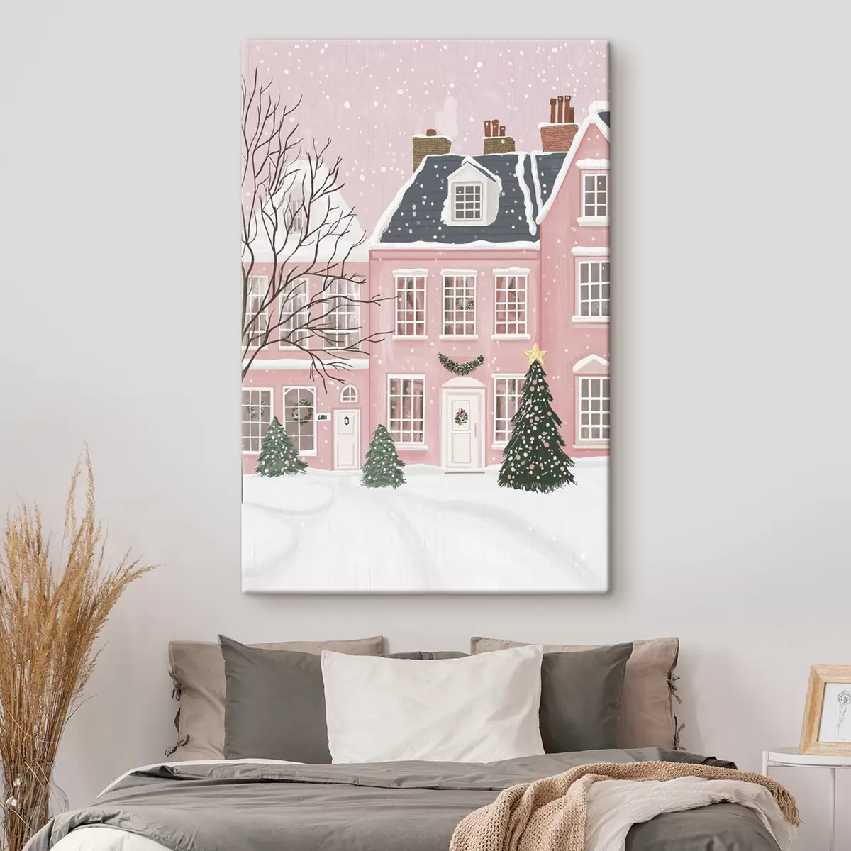 Wandbilder Hübsche rosa Häuser, Kiefern, Winterlandschaften s42791