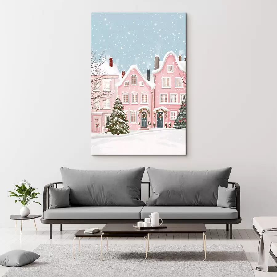 Wandbilder Schöne Stadt mit niedlichen rosa Häusern, Winterästhetik, Schneeflocken s42793