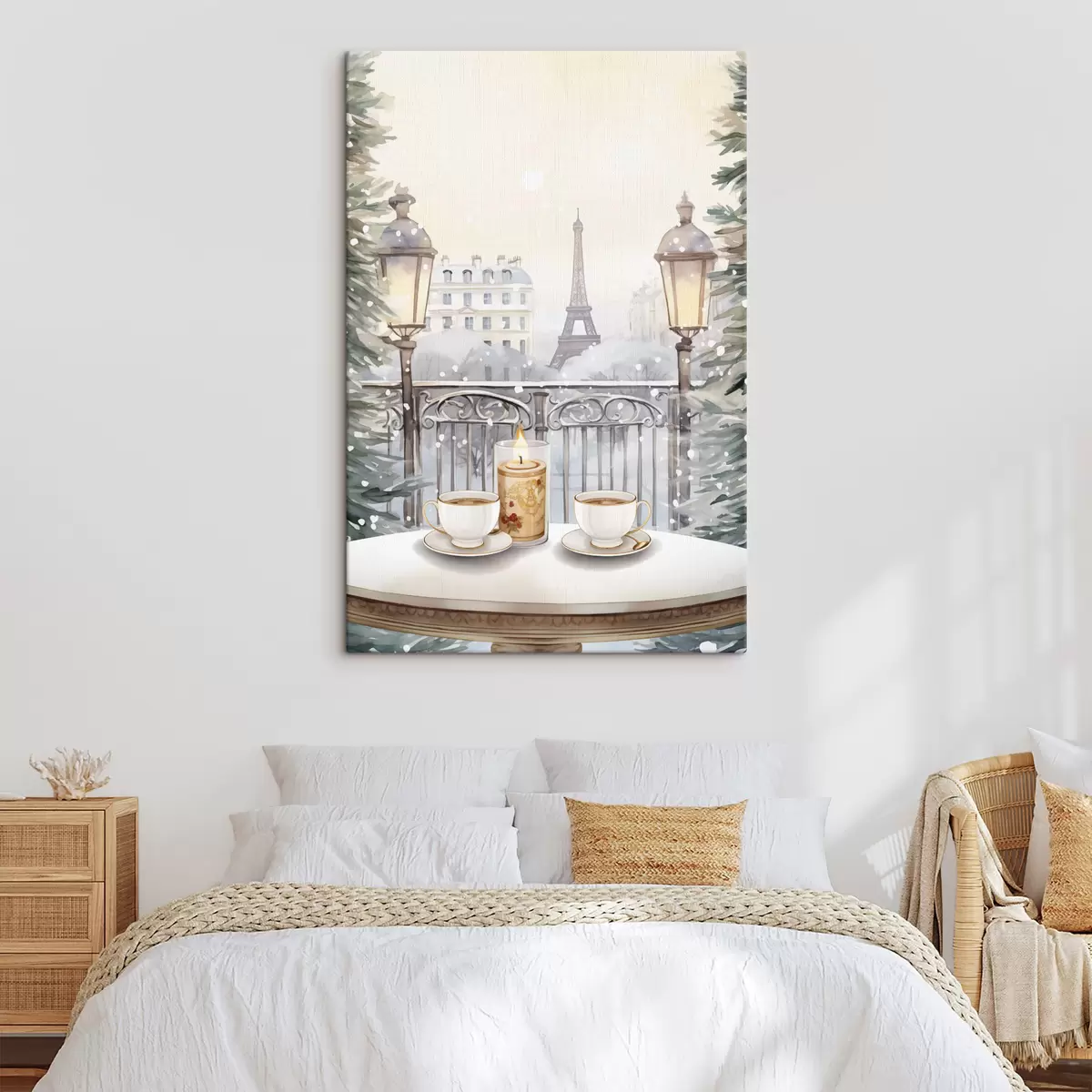 Wandbilder Schönes Café in Paris, Teetassen, romantische Aussicht, Winter, Aquarellstil s42799