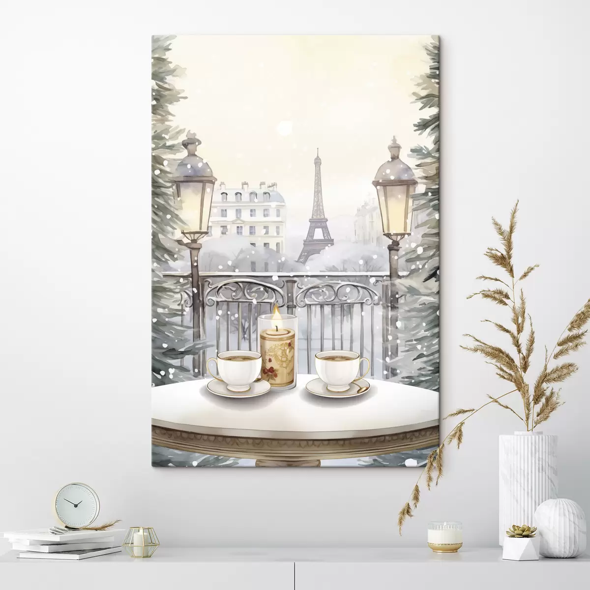 Wandbilder Schönes Café in Paris, Teetassen, romantische Aussicht, Winter, Aquarellstil s42799