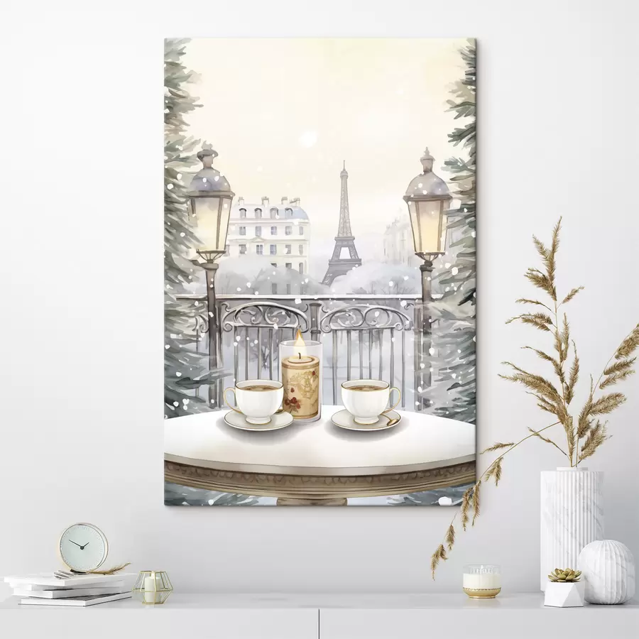 Wandbilder Schönes Café in Paris, Teetassen, romantische Aussicht, Winter, Aquarellstil s42799