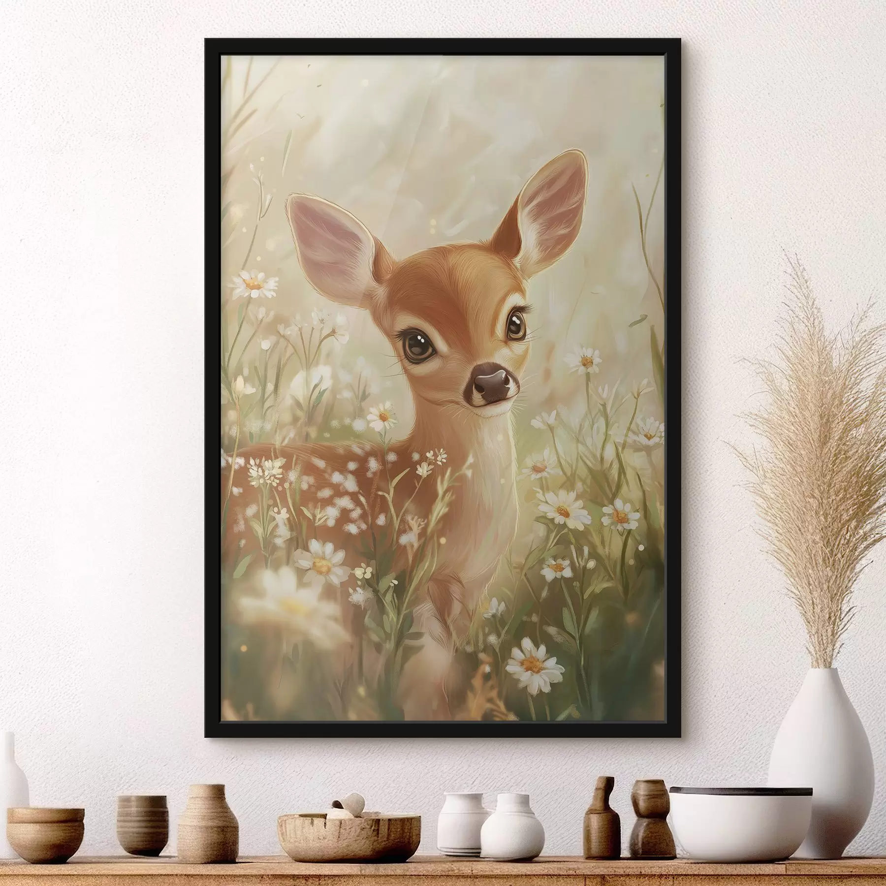 Fototapete Niedliches Reh auf der Wiese mit Gänseblümchen, Zeichnung in Öl f42780